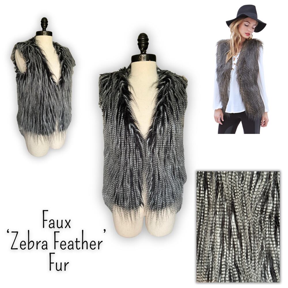 Forever 21 Faux Fur Vest Zebra Feather Apres Ski Bohemian Festival Fall Winter